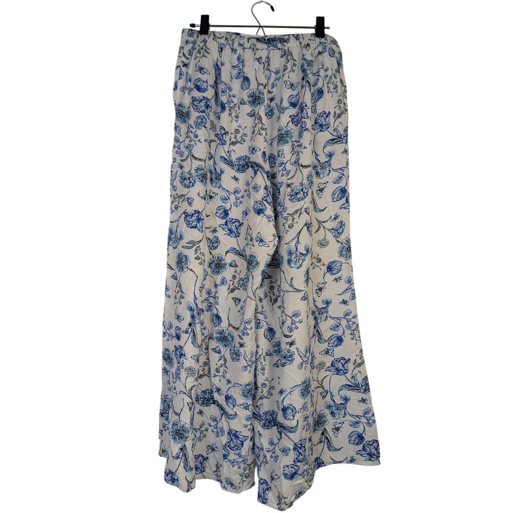 Wide Leg Palazzo Pants Blue Floral Boho Coastal Cotton Flax Cropped Womens Large - Picture 4 of 8